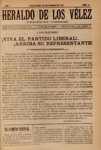 'Heraldo de los Vélez : periódico liberal' - Año 1 Número 16 - 1917 septiembre 23