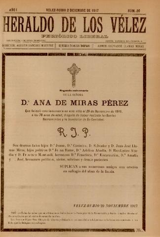 'Heraldo de los Vélez : periódico liberal' - Año 1 Número 26 - 1917 diciembre 02