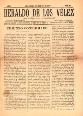 'Heraldo de los Vélez : periódico liberal' - Año 1 Número 27 - 1917 diciembre 09