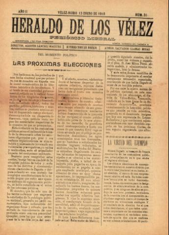 'Heraldo de los Vélez : periódico liberal' - Año 2 Número 31 - 1918 enero 13