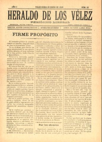 'Heraldo de los Vélez : periódico liberal' - Año 2 Número 32 - 1918 enero 20