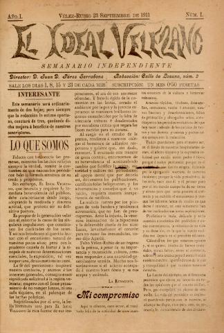 'El Ideal Velezano : semanario independiente' - Año 1 Número 1 - 1911 septiembre 23