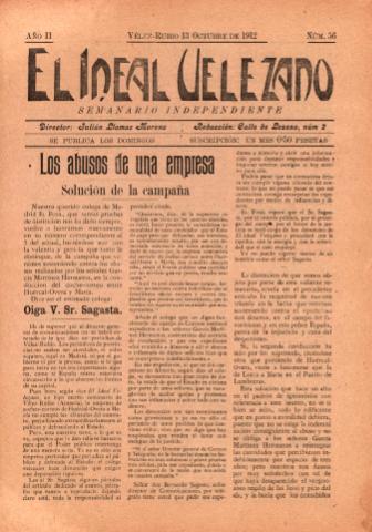 'El Ideal Velezano : semanario independiente' - Año 2 Número 56 - 1912 octubre 13