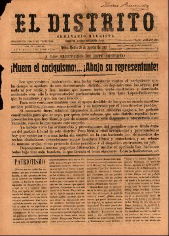 'El Distrito : semanario maurista' - Año 3 Número 87 - 1917 agosto 26