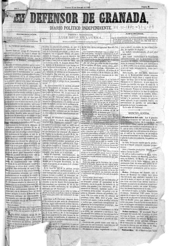 'El Defensor de Granada  : diario político independiente' - Año I Número 26  - 1880 Octubre 15