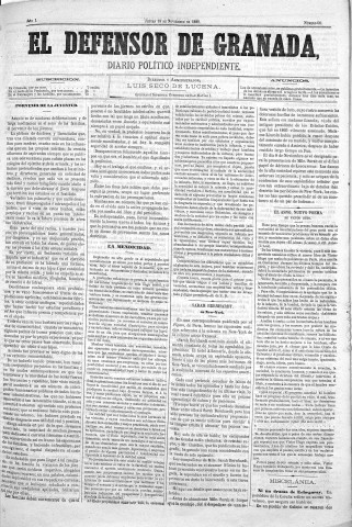 'El Defensor de Granada  : diario político independiente' - Año I Número 60  - 1880 Noviembre 18