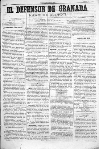 'El Defensor de Granada  : diario político independiente' - Año I Número 71  - 1880 Diciembre 09