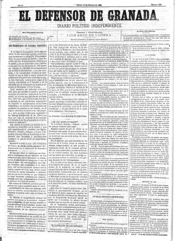 'El Defensor de Granada  : diario político independiente' - Año II Número 138  - 1881 Febrero 15