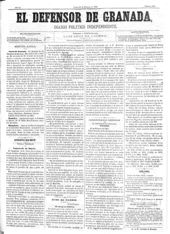 'El Defensor de Granada  : diario político independiente' - Año II Número 144  - 1881 Febrero 21