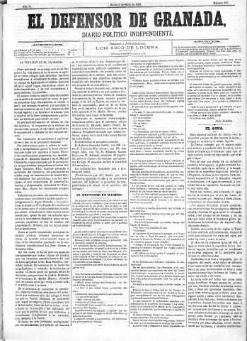 'El Defensor de Granada  : diario político independiente' - Año II Número 213  - 1881 Mayo 03
