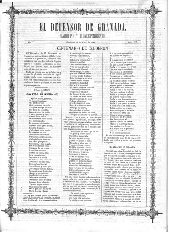 'El Defensor de Granada  : diario político independiente' - Año II Número 235  - 1881 Mayo 25
