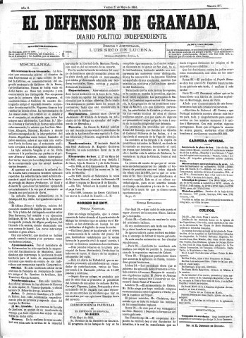 'El Defensor de Granada  : diario político independiente' - Año II Número 237  - 1881 Mayo 27