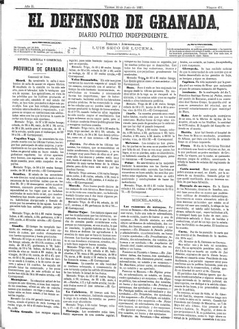 'El Defensor de Granada  : diario político independiente' - Año II Número 451  - 1881 Junio 10