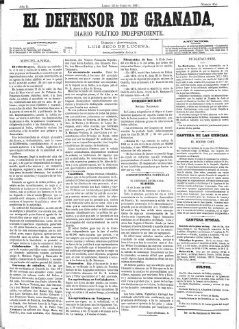 'El Defensor de Granada  : diario político independiente' - Año II Número 454  - 1881 Junio 13