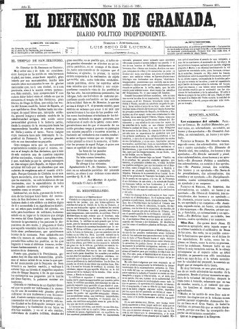 'El Defensor de Granada  : diario político independiente' - Año II Número 455  - 1881 Junio 14