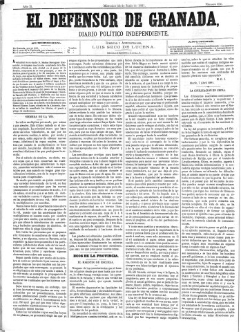 'El Defensor de Granada  : diario político independiente' - Año II Número 456  - 1881 Junio 15