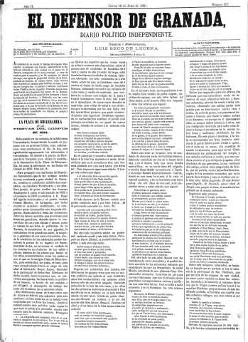 'El Defensor de Granada  : diario político independiente' - Año II Número 457  - 1881 Junio 16