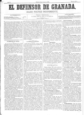 'El Defensor de Granada  : diario político independiente' - Año II Número 458  - 1881 Junio 18