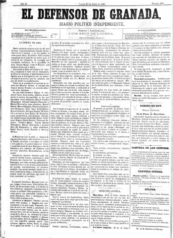'El Defensor de Granada  : diario político independiente' - Año II Número 460  - 1881 Junio 20