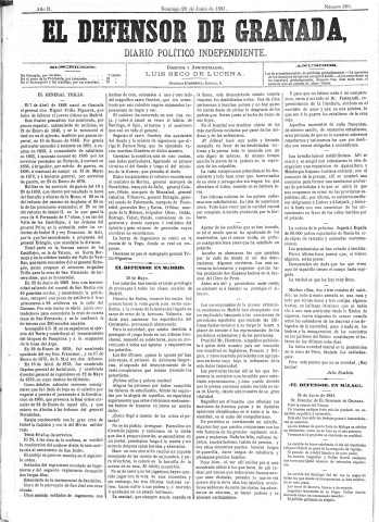 'El Defensor de Granada  : diario político independiente' - Año II Número 266  - 1881 Junio 26
