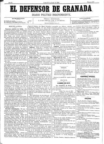 'El Defensor de Granada  : diario político independiente' - Año II Número 267  - 1881 Junio 27