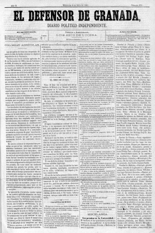 'El Defensor de Granada  : diario político independiente' - Año II Número 276  - 1881 Julio 06