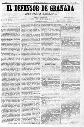'El Defensor de Granada  : diario político independiente' - Año II Número 277  - 1881 Julio 07