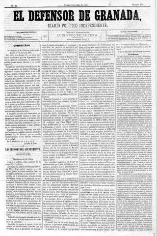 'El Defensor de Granada  : diario político independiente' - Año II Número 278  - 1881 Julio 08