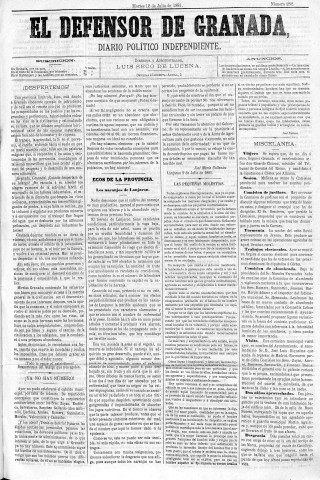 'El Defensor de Granada  : diario político independiente' - Año II Número 282  - 1881 Julio 12