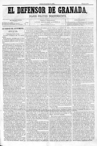 'El Defensor de Granada  : diario político independiente' - Año II Número 284  - 1881 Julio 14