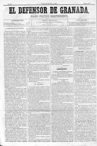 'El Defensor de Granada  : diario político independiente' - Año II Número 285  - 1881 Julio 15
