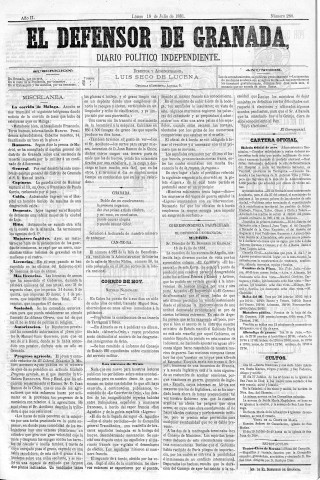 'El Defensor de Granada  : diario político independiente' - Año II Número 288  - 1881 Julio 18