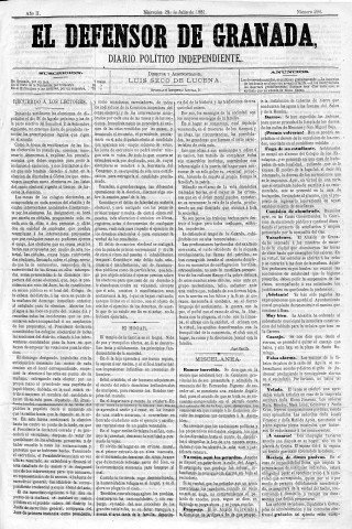 'El Defensor de Granada  : diario político independiente' - Año II Número 290  - 1881 Julio 20