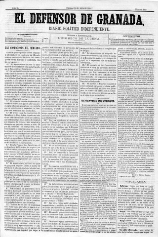 'El Defensor de Granada  : diario político independiente' - Año II Número 292  - 1881 Julio 22