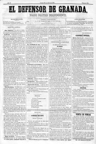 'El Defensor de Granada  : diario político independiente' - Año II Número 295  - 1881 Julio 25