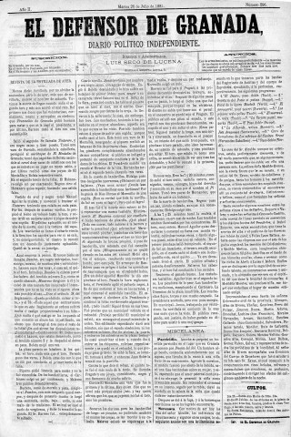 'El Defensor de Granada  : diario político independiente' - Año II Número 296  - 1881 Julio 26