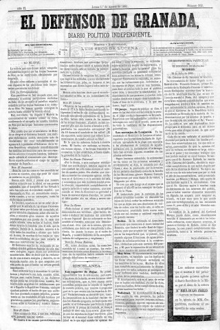 'El Defensor de Granada  : diario político independiente' - Año II Número 302  - 1881 Agosto 01
