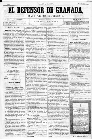 'El Defensor de Granada  : diario político independiente' - Año II Número 309  - 1881 Agosto 08