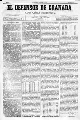 'El Defensor de Granada  : diario político independiente' - Año II Número 311  - 1881 Agosto 10