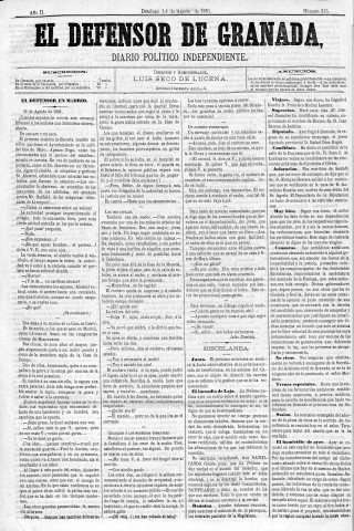 'El Defensor de Granada  : diario político independiente' - Año II Número 315  - 1881 Agosto 14