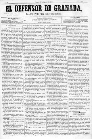 'El Defensor de Granada  : diario político independiente' - Año II Número 316  - 1881 Agosto 15