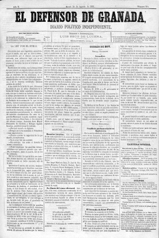 'El Defensor de Granada  : diario político independiente' - Año II Número 317  - 1881 Agosto 16