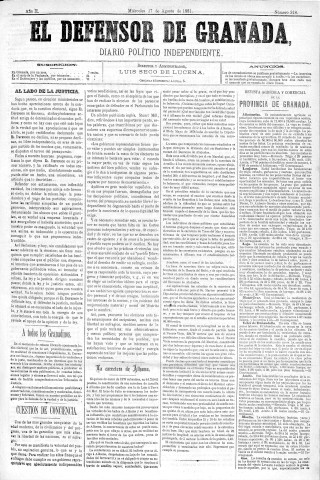 'El Defensor de Granada  : diario político independiente' - Año II Número 318  - 1881 Agosto 17