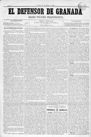 'El Defensor de Granada  : diario político independiente' - Año II Número 319  - 1881 Agosto 18