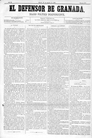 'El Defensor de Granada  : diario político independiente' - Año II Número 321  - 1881 Agosto 20