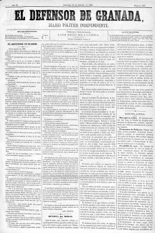 'El Defensor de Granada  : diario político independiente' - Año II Número 322  - 1881 Agosto 21