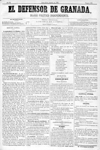 'El Defensor de Granada  : diario político independiente' - Año II Número 323  - 1881 Agosto 22