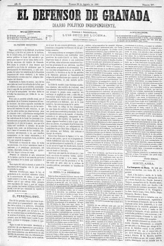 'El Defensor de Granada  : diario político independiente' - Año II Número 327  - 1881 Agosto 26