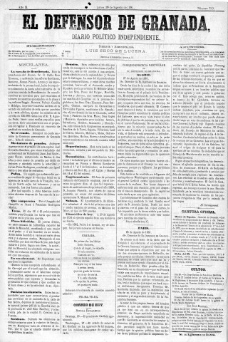 'El Defensor de Granada  : diario político independiente' - Año II Número 330  - 1881 Agosto 29