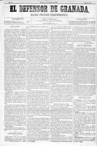 'El Defensor de Granada  : diario político independiente' - Año II Número 332  - 1881 Agosto 31